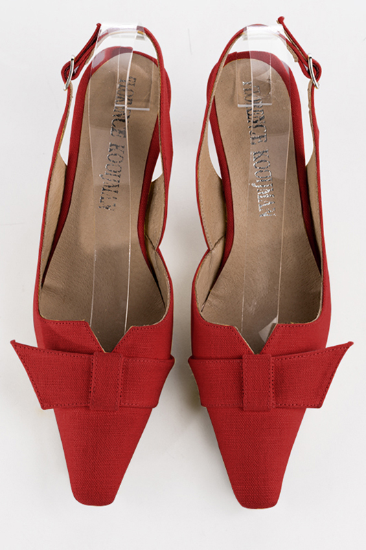 Cardinal red women's open back shoes, with a knot. Tapered toe. Medium spool heels. Top view - Florence KOOIJMAN